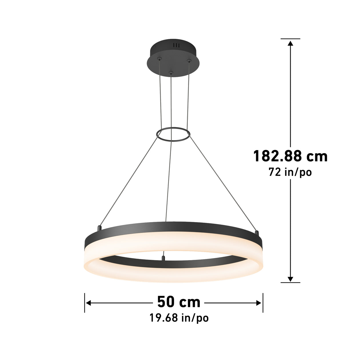 A circular pendant light with a black frame and white LED ring, suspended by three cables from a round ceiling mount. The diameter is 50 cm (19.68 in) and the hanging height is 182.88 cm (72 in).