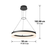 A circular pendant light with a black frame and white LED ring, suspended by three cables from a round ceiling mount. The diameter is 50 cm (19.68 in) and the hanging height is 182.88 cm (72 in).
