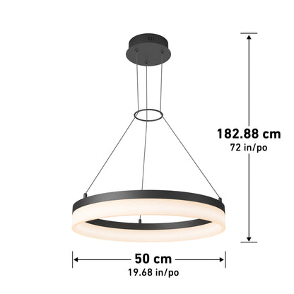 The Artika Optical LED pendant light 3 CCT features a modern black frame and glowing LED ring, suspended by three wires. It measures 50 cm (19.68 in) in diameter with a hanging length of 182.88 cm (72 in).
