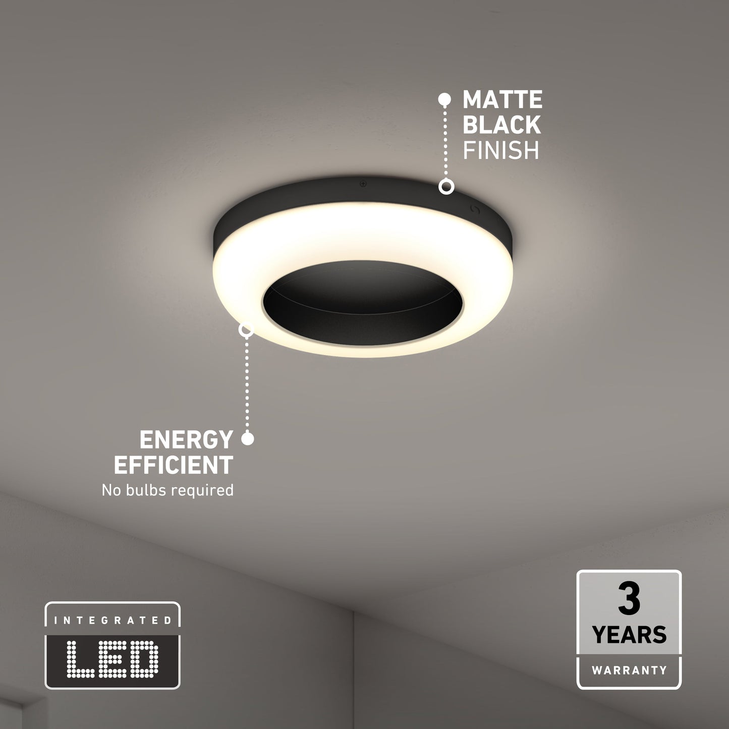 The Artika-CAN-dev Louka 15 in. modern LED flush mount light offers adjustable white hues (5 CCT), integrated LEDs, energy efficiency, and a matte black finish. This ceiling fixture includes a 3-year warranty—ideal for contemporary spaces.