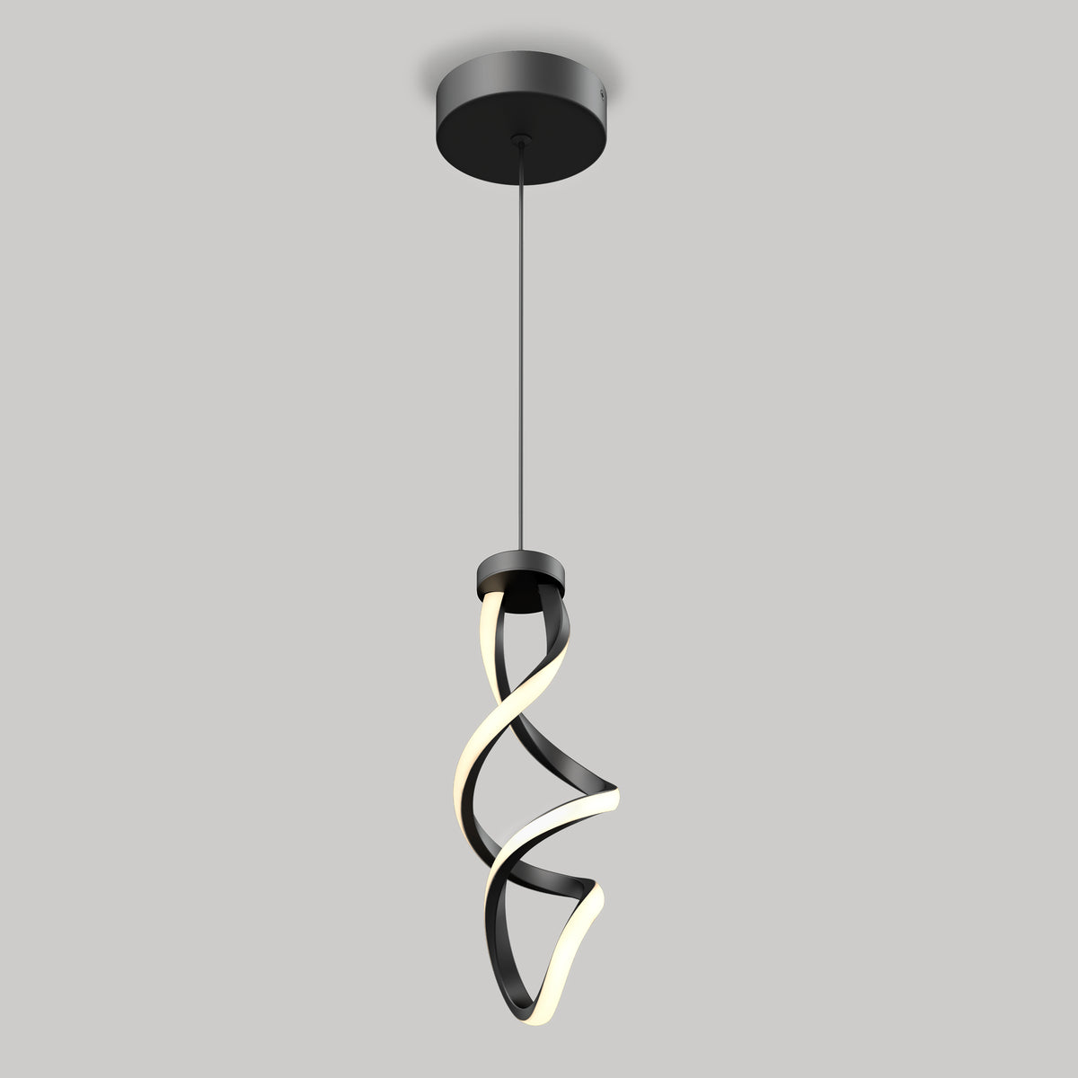 Modern pendant light with a black, twisted ribbon design and integrated LED strip, hanging from a black ceiling mount against a plain gray background.