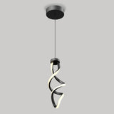 Modern pendant light with a black, twisted ribbon design and integrated LED strip, hanging from a black ceiling mount against a plain gray background.