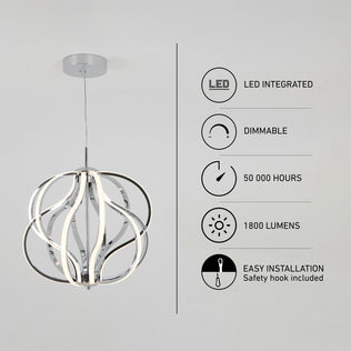 Artika Meridian LED pendant light in chrome with curved, glowing LED strips, 1800-lumen dimmable output, and 50,000-hour lifespan.