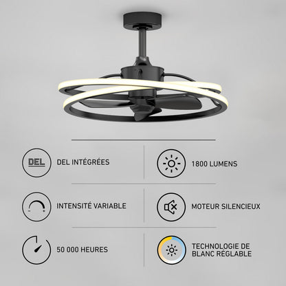 The Artika Coda 23 in. LED modern ceiling fan features a circular ring design, dimmable 1800 lumen integrated light, adjustable white light, silent motor, remote control, and a 50,000-hour lifespan. Icons and text highlight each feature.