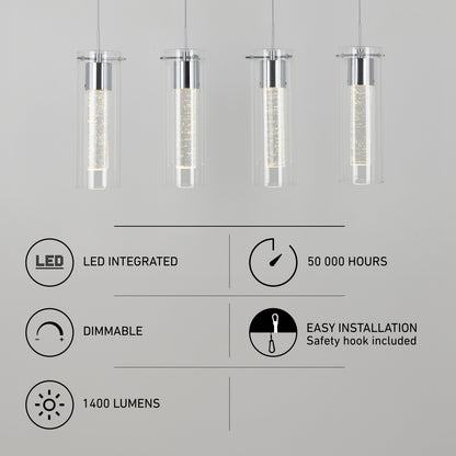 Four Essence 4-light LED pendant lights with 1400 lumens, dimmable settings, easy installation, and a 50,000-hour lifespan.