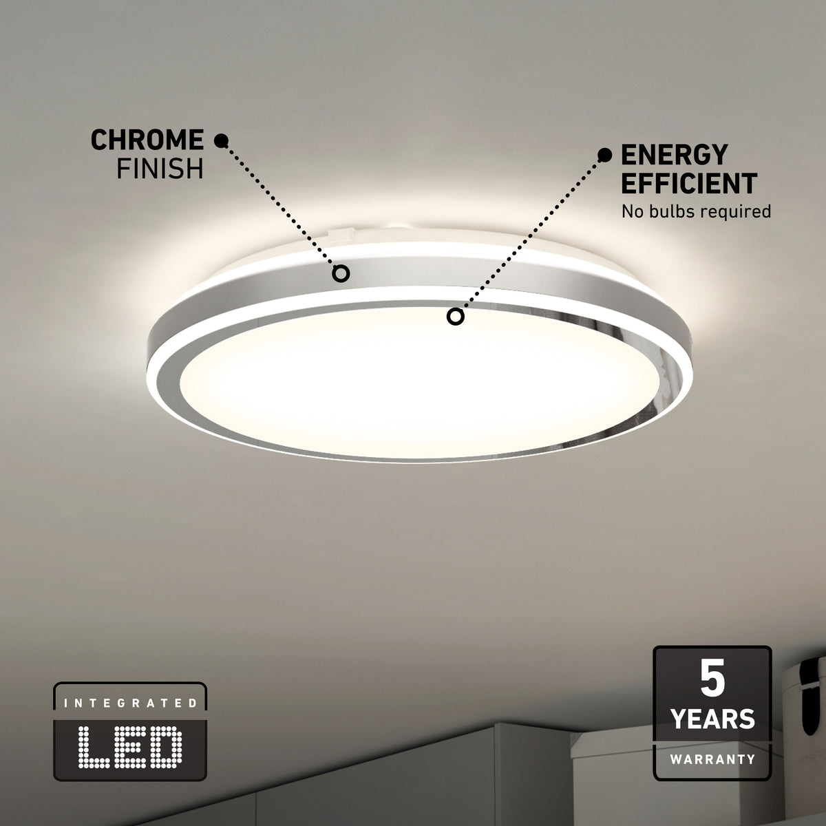 Artika Altitude 15″ LED Flush Mount: modern, chrome finished, 5 CCT selectable, energy efficient, 5-year warranty. No bulbs needed.