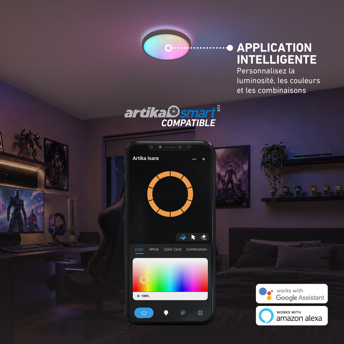Control the Isara 12 in. RGBIC LED flush mount from Artika via app; works with Google Assistant and Alexa for your gaming room.