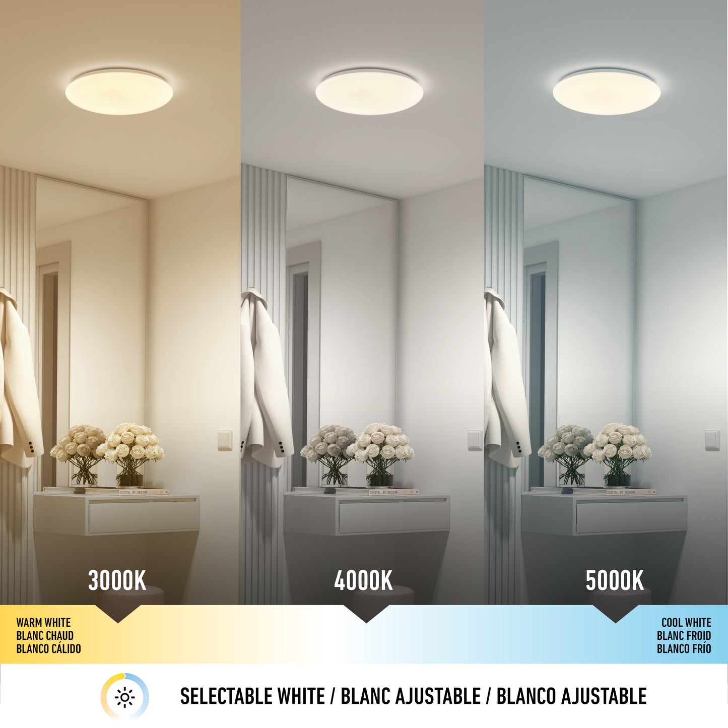The Artika Empress 13 in. LED modern flush mount light offers three CCT options—3000K, 4000K, and 5000K—allowing you to customize your room’s color tone and ambiance with warm, neutral, or cool white lighting.