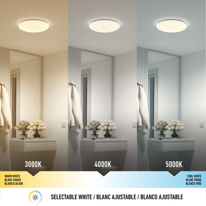 The Artika Empress 13 in. LED modern flush mount light offers three CCT options—3000K, 4000K, and 5000K—allowing you to customize your room’s color tone and ambiance with warm, neutral, or cool white lighting.