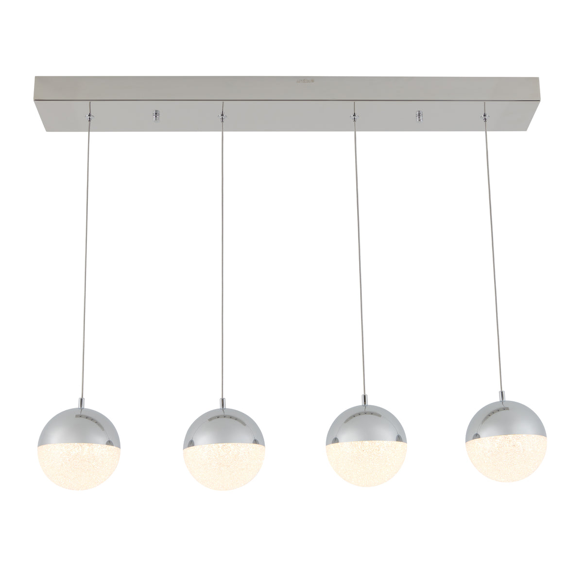 The Artika Sparkle 4-light LED pendant features four spherical lights, each half silver and half frosted white, hanging in a row from a rectangular metallic base and emitting a soft, modern glow.