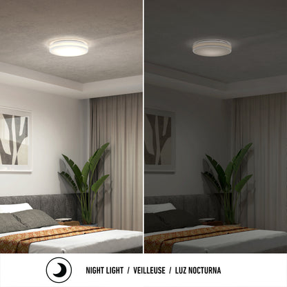 Split image shows the Artika Hemisphere 15 in. LED Flush Mount Ceiling Light, 5 CCT, on and off above a bed with a plant nearby.