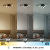 A modern ceiling light above a bed is shown in three panels, each displaying different white light temperatures: warm white (3000K), neutral white (4000K), and cool white (5000K). Labels and a color bar appear below.