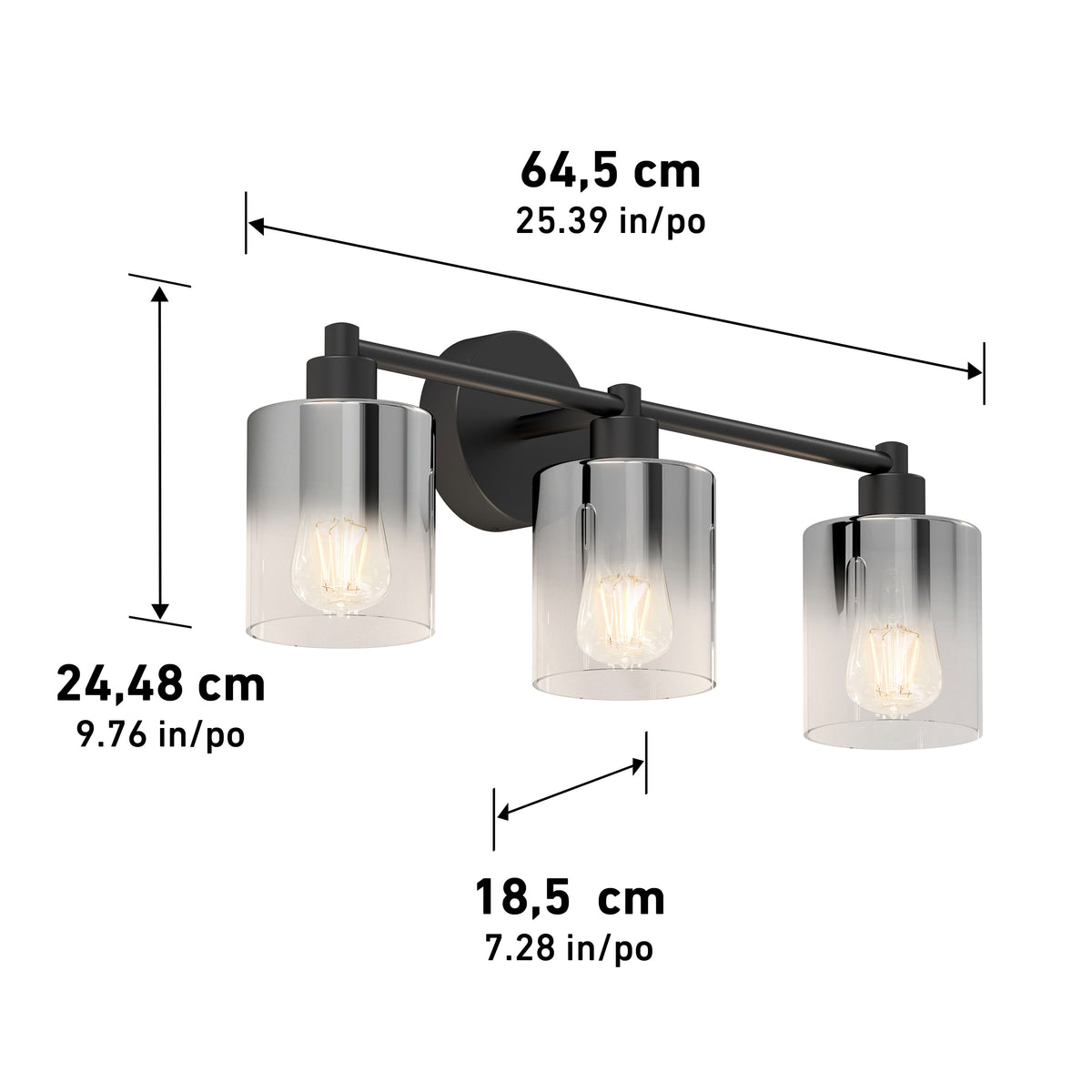 The Artika Haze modern 3-light bathroom vanity light features three cylindrical glass shades, each with a bulb. Dimensions: 64.5 cm (W) x 24.48 cm (H) x 18.5 cm (D), also listed in inches.