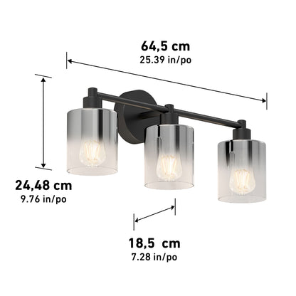The Artika Haze modern 3-light bathroom vanity light features three cylindrical glass shades, each with a bulb. Dimensions: 64.5 cm (W) x 24.48 cm (H) x 18.5 cm (D), also listed in inches.