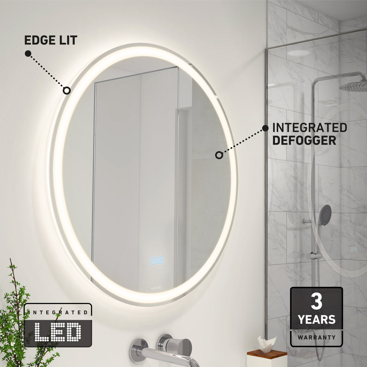 A modern circular bathroom mirror with built-in LED lighting around the edge and an integrated defogger, mounted above a sink. The image highlights features and shows part of a glass shower in the background.