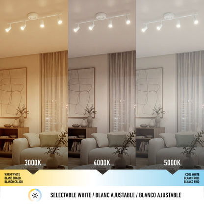 Three living rooms feature Artika’s Asher 32 in. 4-Light LED Track Light, showing warm to cool adjustable directional lighting.