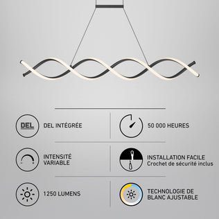 Artika DNA Linear LED modern pendant light with a twisted design, 1250 lumens, dimmable integrated LED, 50,000-hour lifespan, and easy installation.