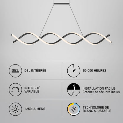 Artika DNA Linear LED modern pendant light with a twisted design, 1250 lumens, dimmable integrated LED, 50,000-hour lifespan, and easy installation.