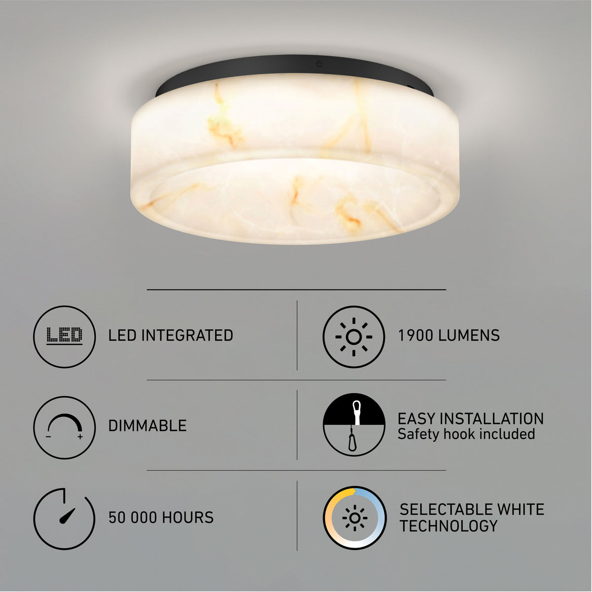 Round white marble-patterned LED ceiling light with icons and text highlighting features: LED integrated, dimmable, 50,000 hours lifespan, 1900 lumens, easy installation, and selectable white technology.