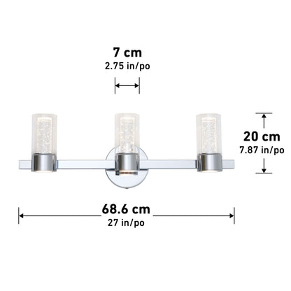 The Artika Novello modern LED bathroom vanity light features three cylindrical glass shades (20 cm tall, 7 cm wide) on a horizontal bar, with a total width of 68.6 cm.