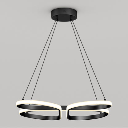 A modern ceiling pendant light with two intertwined black and white oval LED rings, suspended by four black cords from a round black ceiling mount against a plain light gray background.