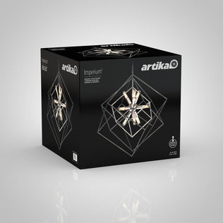 Artika Imperium 9-light chandelier box with geometric design on plain gray background; product name in white text.