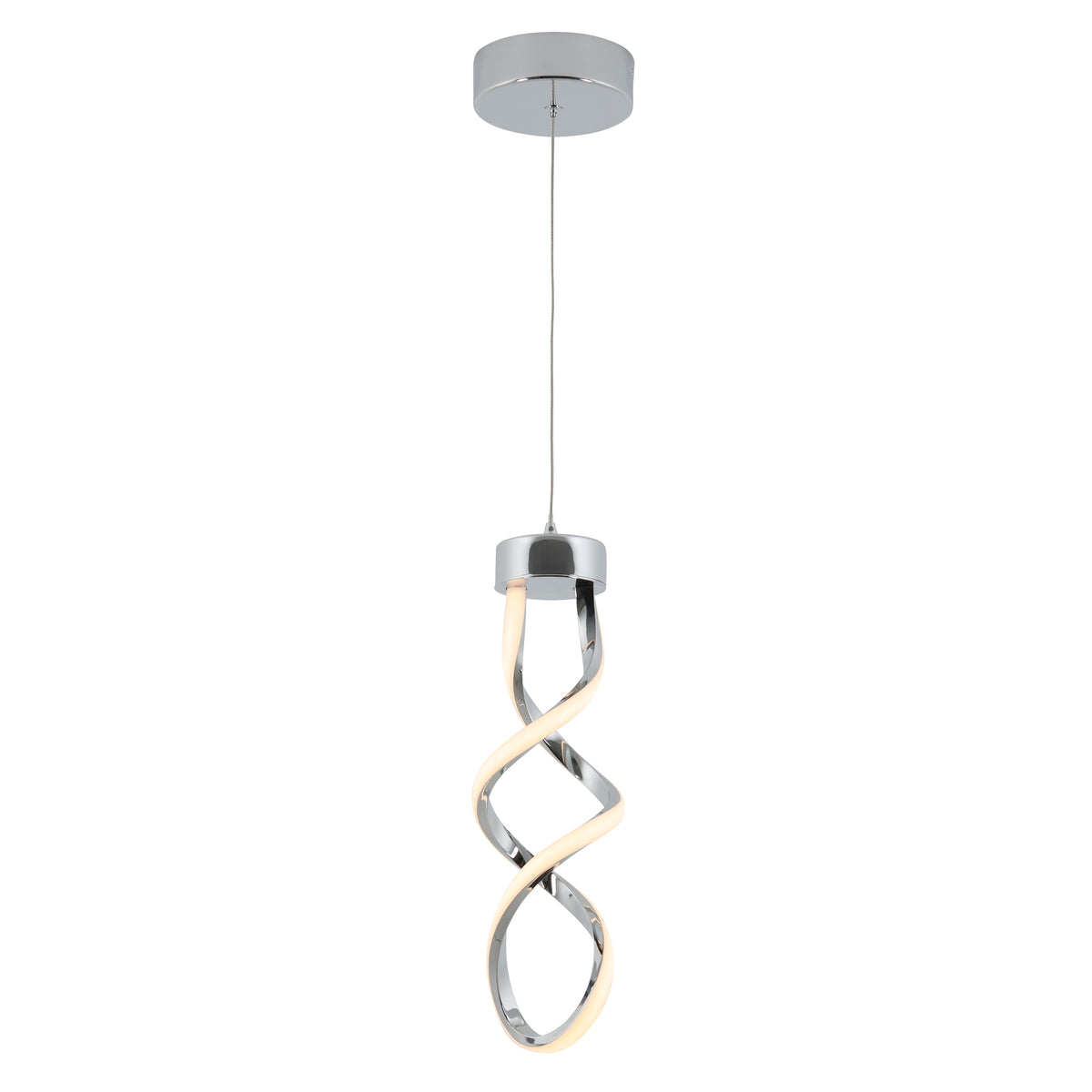 A modern pendant light with a chrome finish and a twisted, looped LED design hanging from a round ceiling mount by a thin wire.