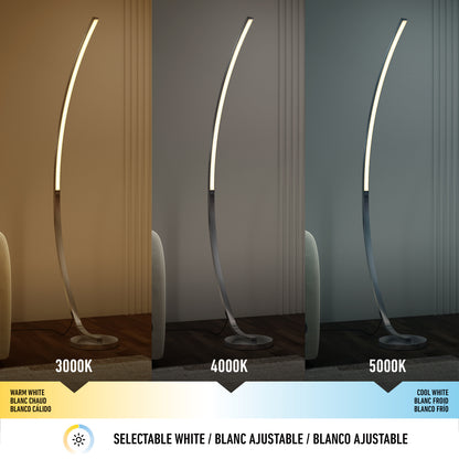 The Artika Arc LED Floor Lamp is displayed in three modes: warm white (3000K), neutral white (4000K), and cool white (5000K). A label highlights its selectable, adjustable color temperatures on this modern, sleek design.