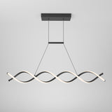 Modern ceiling light fixture with a matte black base and two intertwined, wavy LED light strips suspended by wires against a plain white background.
