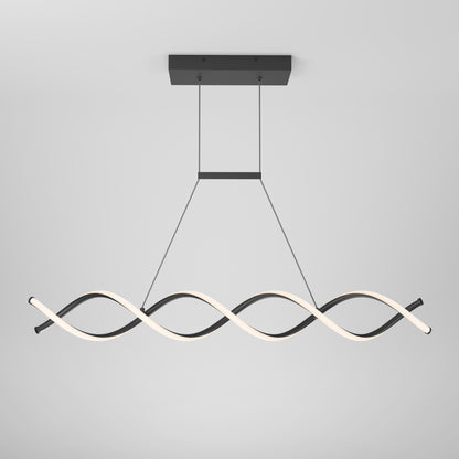 The Artika DNA Linear LED modern pendant light features a black rectangular base with two wavy, intertwined LED strips suspended by slim cables against a plain white background.