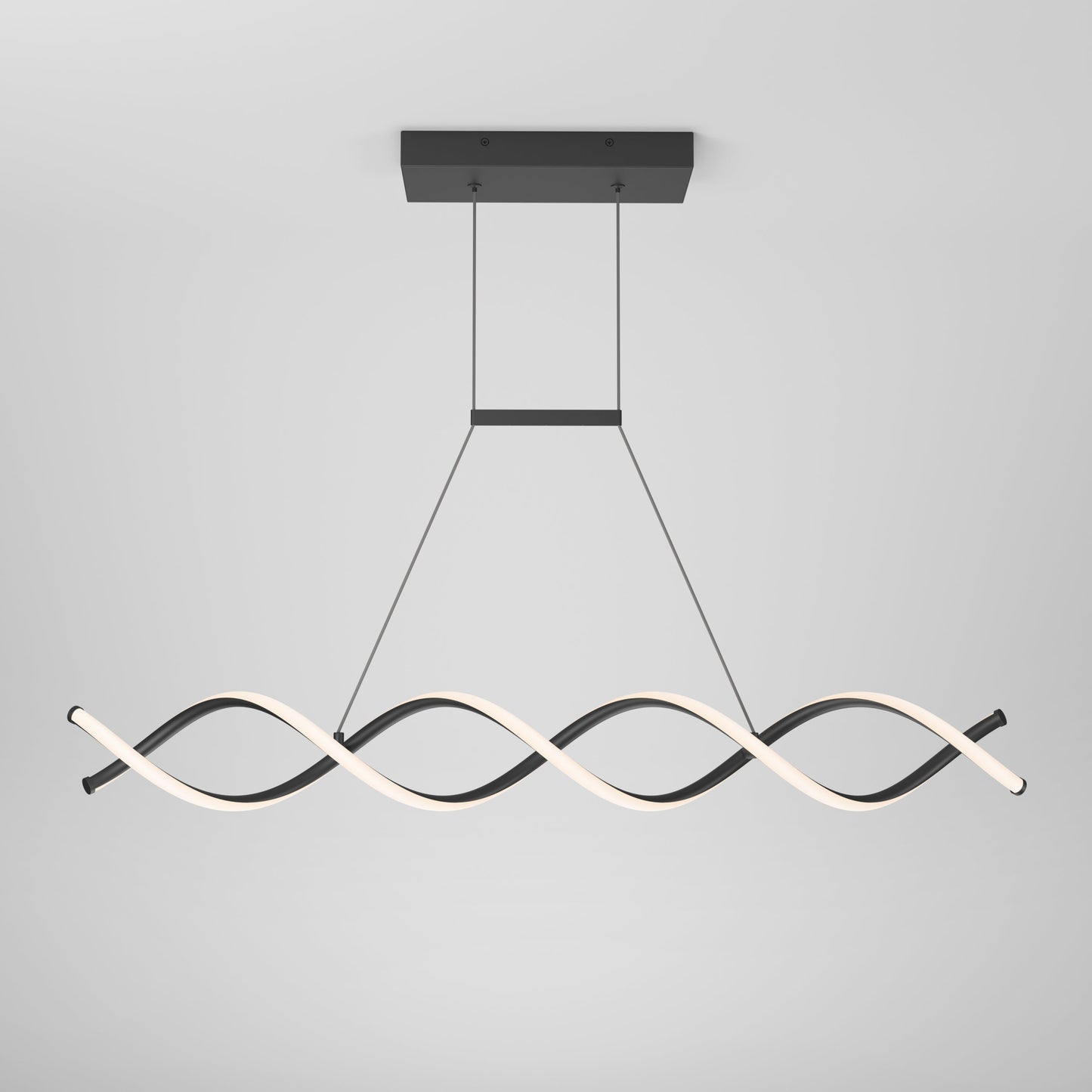 The Artika-CAN-dev DNA Linear LED modern pendant light features a double helix design in matte black and white, suspended from a rectangular ceiling mount by two cables, with integrated LEDs against a plain light gray background.