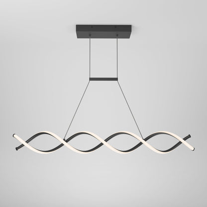 The Artika-CAN-dev DNA Linear LED modern pendant light features a double helix design in matte black and white, suspended from a rectangular ceiling mount by two cables, with integrated LEDs against a plain light gray background.