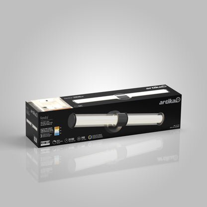 A black rectangular Artika box displays the Kendra LED contemporary bathroom vanity light 3 CCT, featuring product details and icons for energy efficiency and adjustable color temperature options.