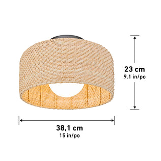 The Emiko modern LED flush mount light by Artika features a round, woven beige shade with a central opening, measuring 38.1 cm (15 in) in diameter and 23 cm (9.1 in) high. Measurement arrows and labels display its dimensions.