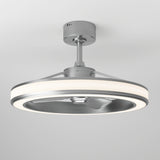 A modern ceiling fan with a circular LED light ring, metallic finish, and three blades, mounted on a short downrod against a plain white ceiling.