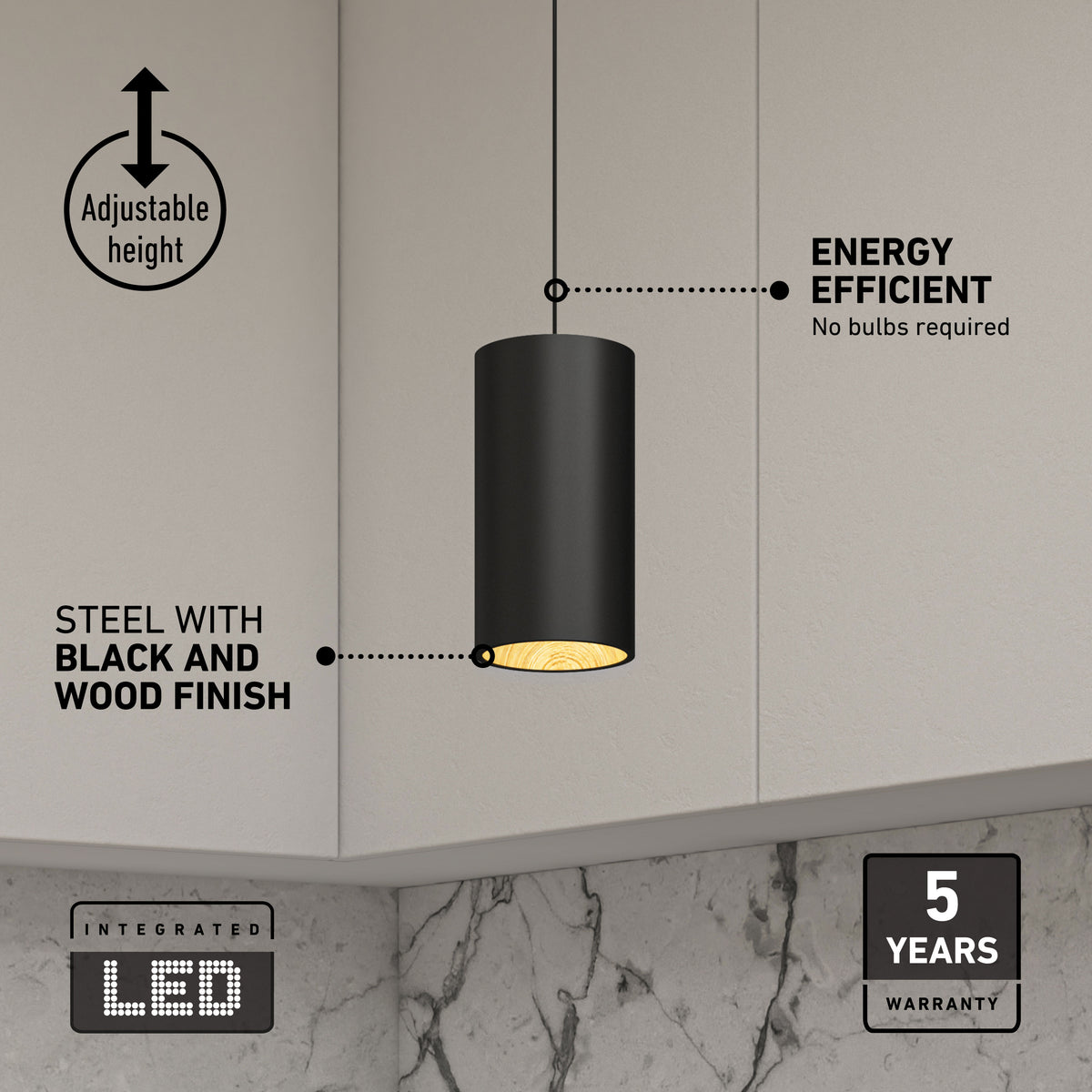 Artika Alton mini LED pendant light: black/wood, 5 CCT, height adjustable, integrated LED, 5-year warranty.