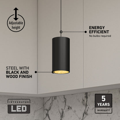 Artika Alton mini LED pendant light: black/wood, 5 CCT, height adjustable, integrated LED, 5-year warranty.
