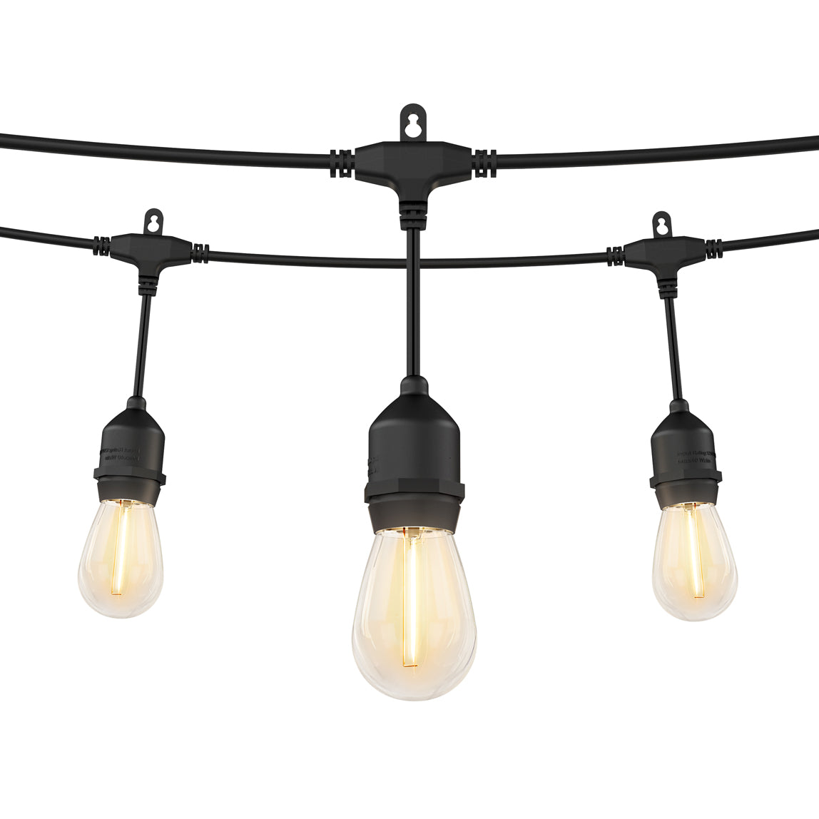 Three hanging string lights with black sockets and glowing Edison-style bulbs, suspended from a black cord against a white background.