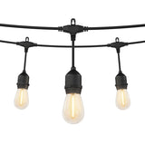 Three hanging string lights with black sockets and glowing Edison-style bulbs, suspended from a black cord against a white background.