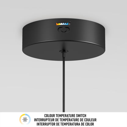 A black ceiling-mounted Artika Chorus 1-light LED pendant with a 5 CCT color temperature switch showing warm to cool options. Below, text reads “Colour Temperature Switch” in English, French, and Spanish.