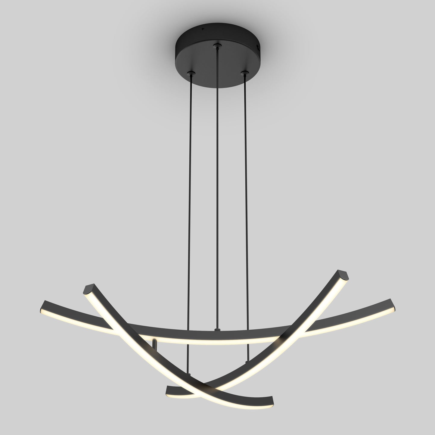 The Orly modern LED pendant light 5 CCT by Artika-CAN-dev features four curved, intersecting LED bars suspended by thin black cables from a round black ceiling mount, shown against a plain light gray background.