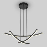 A modern ceiling pendant light with three curved, intersecting LED bars suspended by four black cables from a round black ceiling mount, set against a plain light gray background.