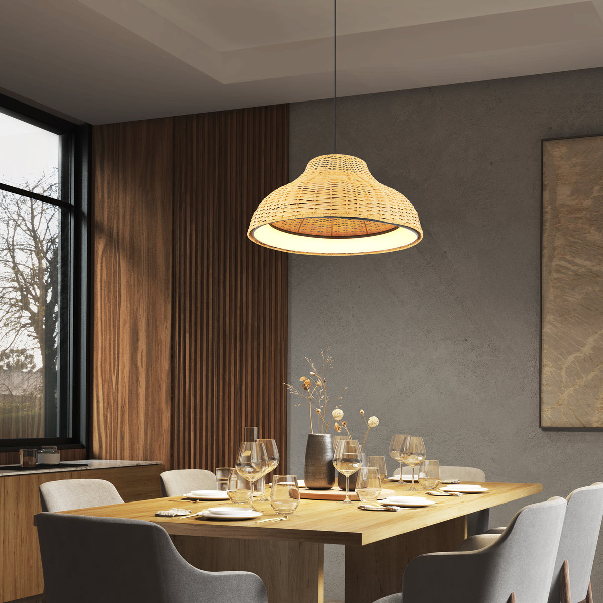 A modern dining room with a wooden table set for six, gray chairs, a woven pendant light hanging above, wood-paneled and gray walls, large window, and minimalistic decor.