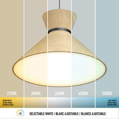 The Artika Inoa LED pendant light 5 CCT in black and wood displays five selectable white light colors (2700K–5000K) vertically, each labeled by color temperature, illustrating its adjustable lighting options.
