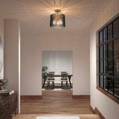 A hallway with wooden floors and white walls leads to a dining area with six wooden chairs. The Gatsby flush mount light by Artika is on, while large right-side windows fill the space with natural light.