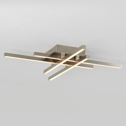 The Artika Grid LED flush mount features four intersecting horizontal bars illuminated by LEDs, all mounted on a square metallic base against a plain light gray background.