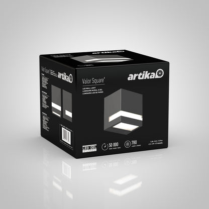 Black box of Artika Valor Square LED indoor-outdoor wall light displays product image, features, barcode, and specifications.