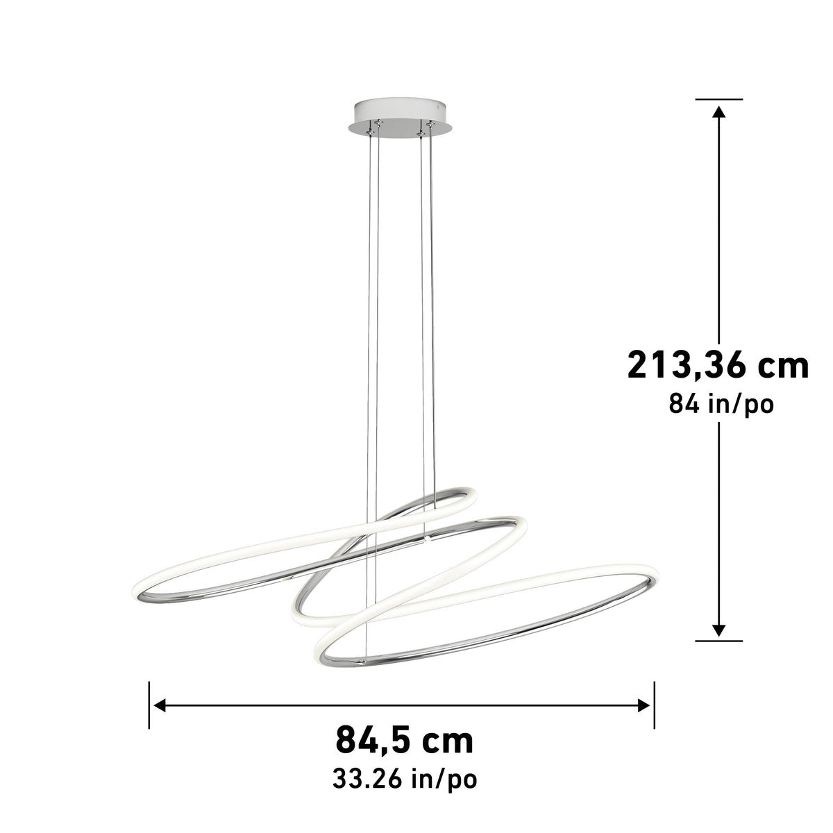 Modern pendant light fixture with three overlapping oval LED rings, suspended by two wires from a round ceiling mount. The fixture measures 84.5 cm wide and hangs down to 213.36 cm. Measurements are labeled in cm and inches.