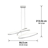 Modern pendant light fixture with three overlapping oval LED rings, suspended by two wires from a round ceiling mount. The fixture measures 84.5 cm wide and hangs down to 213.36 cm. Measurements are labeled in cm and inches.