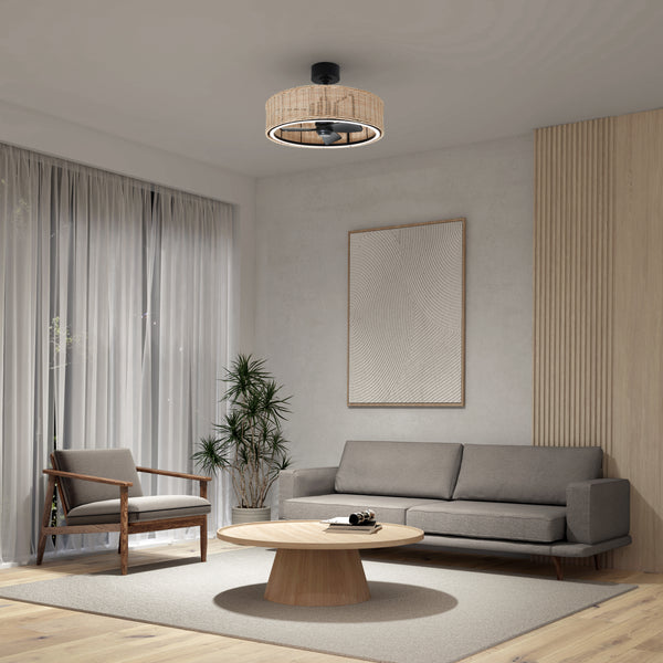 A modern living room with a gray sofa, wooden armchair, round coffee table, potted plant, abstract wall art, and the Artika Kalani 24 in. LED modern ceiling fan (3 speeds, remote). Light streams in through sheer curtains.